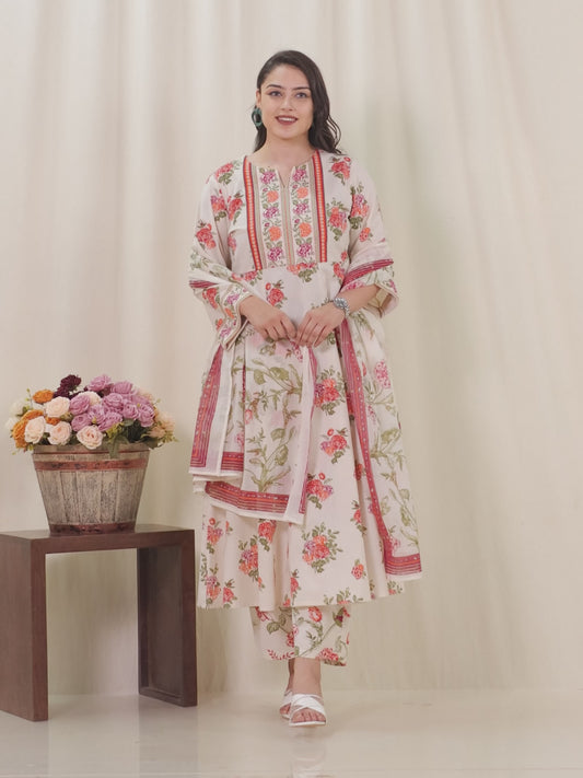Linen Cotton Floral Anarkali Off White Kurta