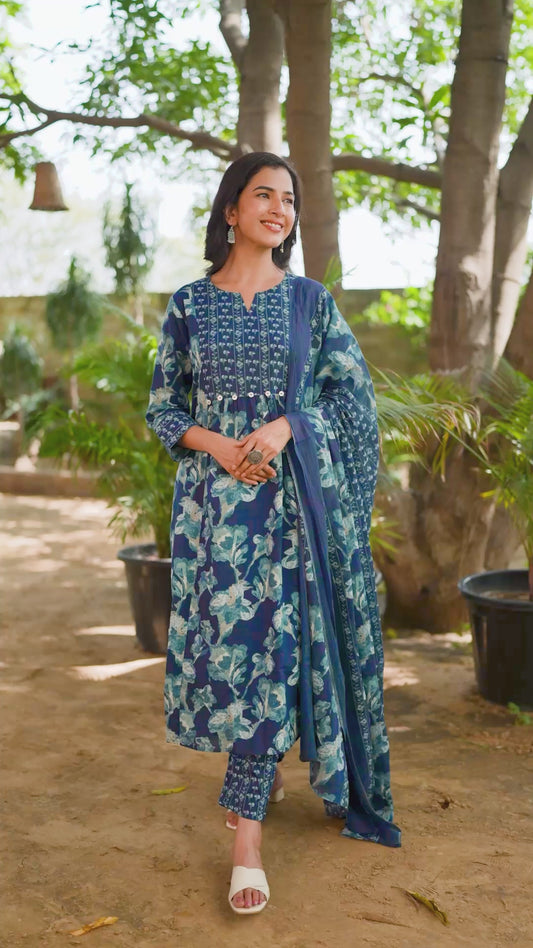 Soft Cotton Floral Panelled Blue Kurta