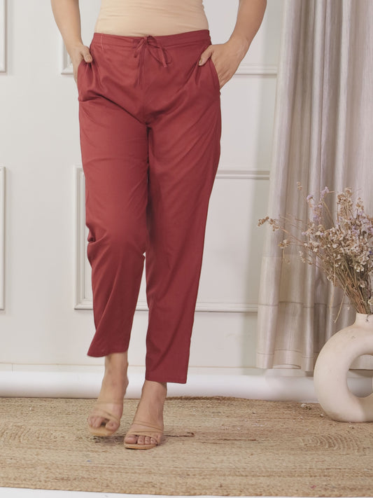 Soft Cotton Solid Red Tapered Trousers