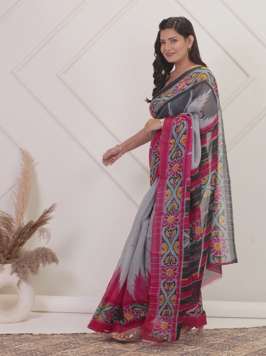Chanderi Ikat Grey Saree