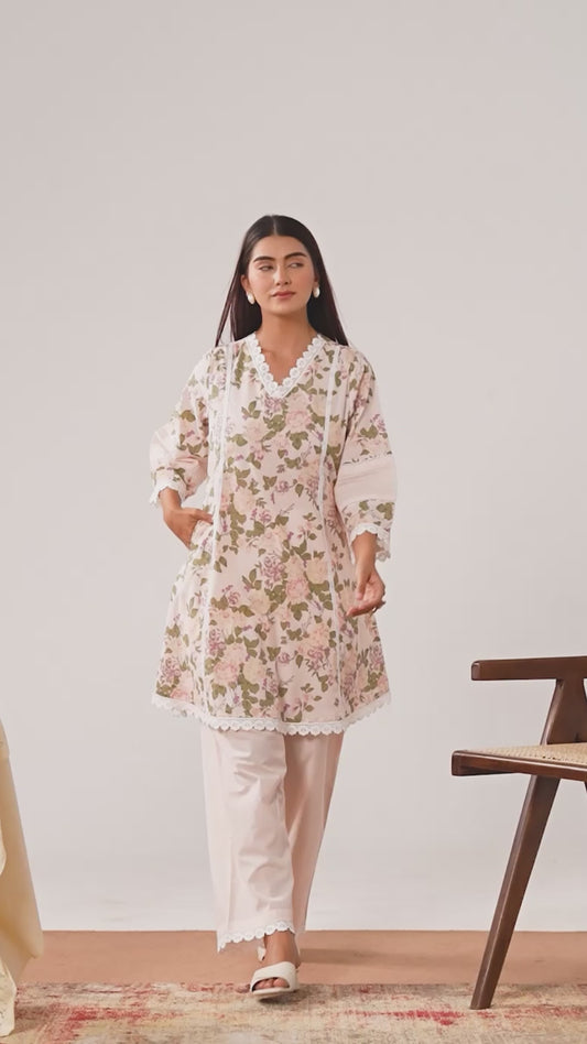 Soft cotton Floral A-line Pink Kurta
