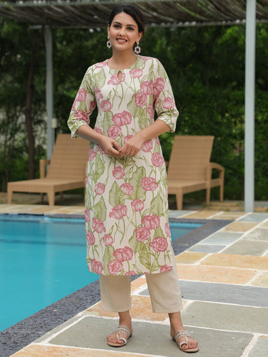 Linen Cotton Floral Straight Off White Kurta