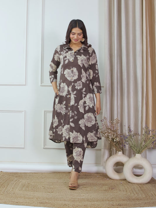 Soft Cotton Floral High Low Brown Kurta
