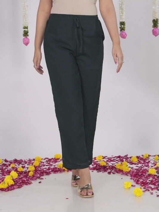 Georgette Solid Green Straight Trousers