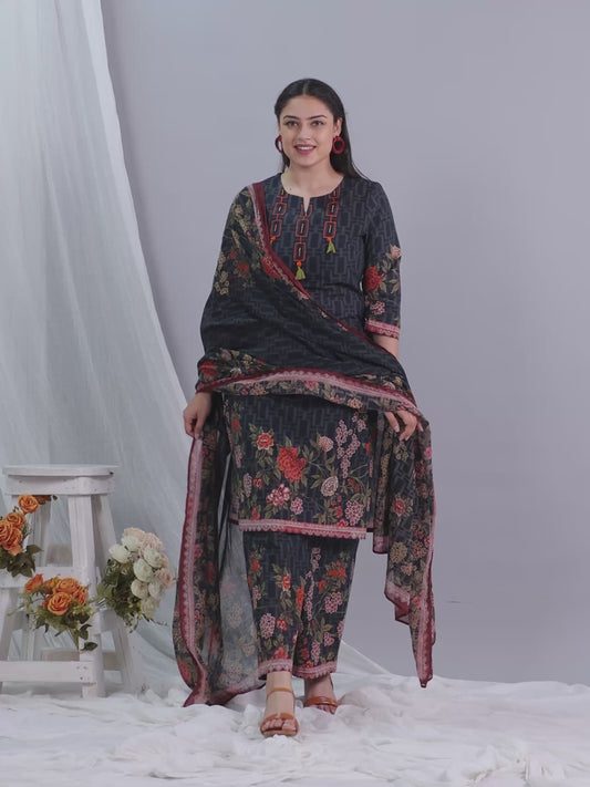 Embroidered Soft Cotton Placement Print Straight Black Kurta