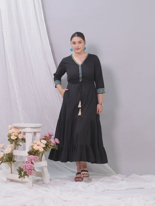 Embroidered Linen Cotton Solid Anarkali Black Dress