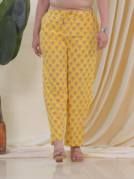 Soft Cotton Floral Yellow Straight Trousers