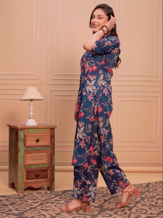 Soft Cotton Floral A-line Blue Kurta