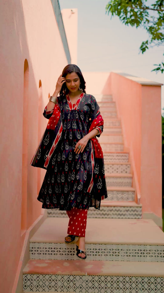 Soft cotton Ikat A-line Black Kurta