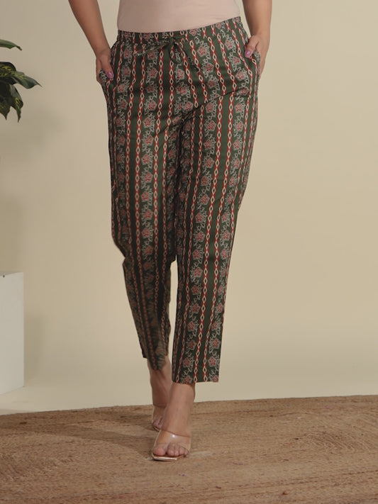Soft Cotton Block Print Green Tapered Trousers