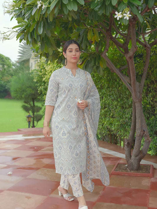 Soft Cotton Ikat Straight Blue Kurta