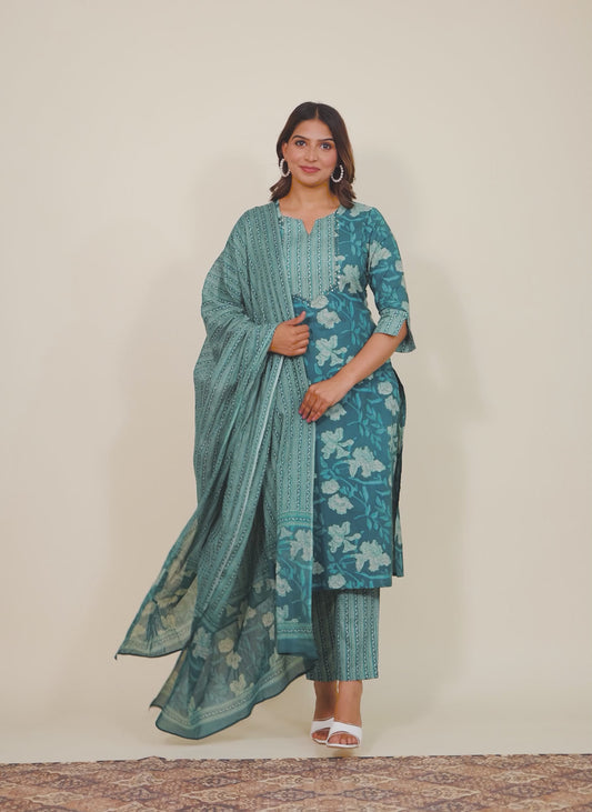 Soft Cotton Floral Straight Teal Kurta