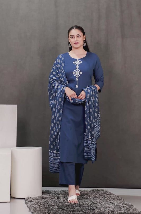 Soft Cotton Solid Straight Blue Kurta