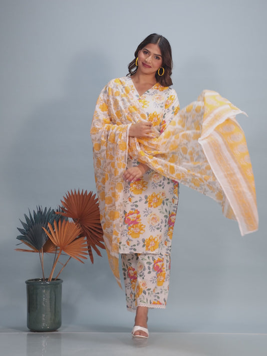 Kantha Cotton Floral Straight White Kurta
