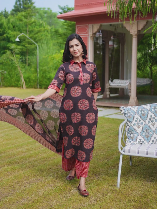 Embroidered Soft Cotton Ajrakh Pathani Black Kurta