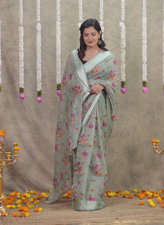 Linen Cotton Floral Sage Green Saree