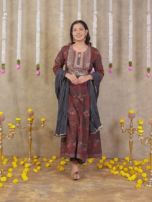 Embroidered Soft Cotton Floral Flared Maroon Kurta