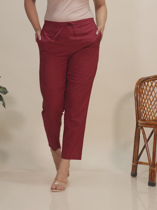 Soft Cotton Solid Maroon Tapered Trousers