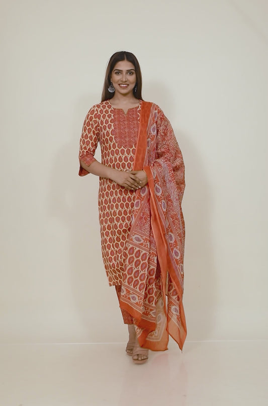 Soft Cotton Paisley Straight Orange Kurta