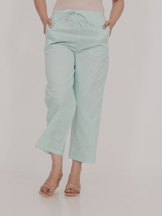 Soft Cotton Striped Green Straight Trousers
