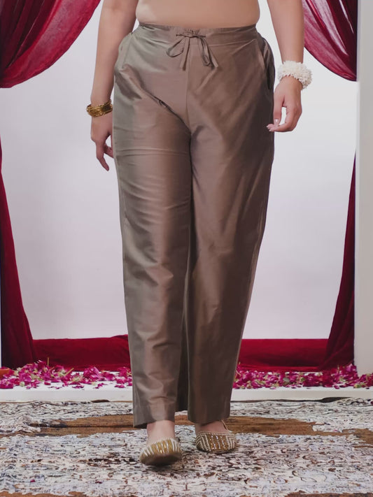 Chanderi Solid Brown Straight Trousers