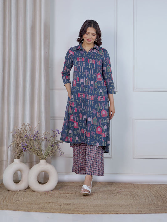 Soft Cotton Mughal High Low Blue Kurta