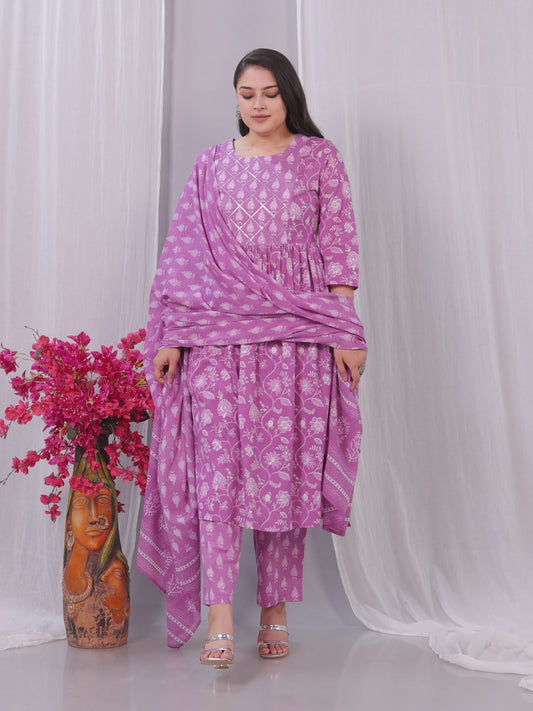 Embroidered Soft Cotton Floral Flared Pink Kurta