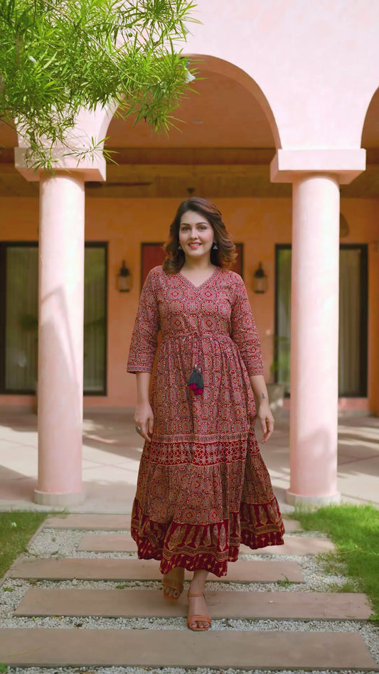 Soft Cotton Ajrakh Anarkali Rust Dress
