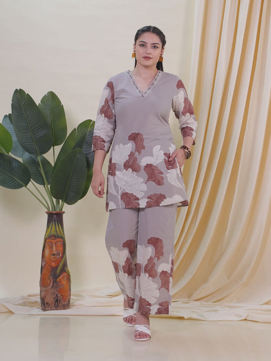 Soft Cotton Placement Print Straight Grey Kurta