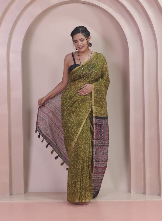 Cotton Silk Bandhani Olive Saree