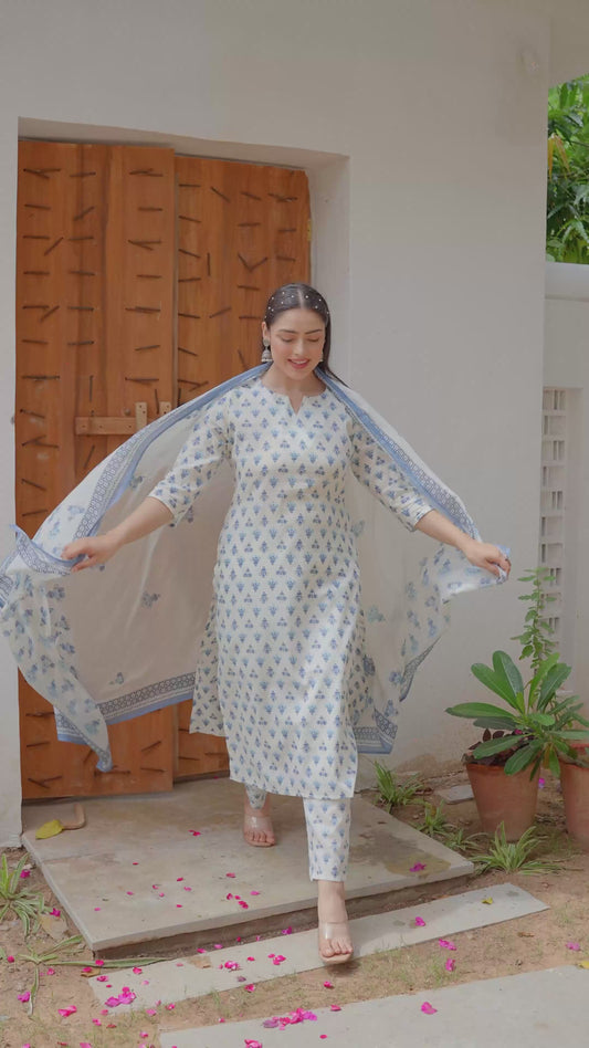 Soft Cotton Block Print Straight Off White Kurta