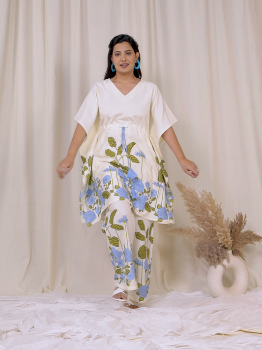 Linen Cotton Placement Print Kaftan Off White Kaftan