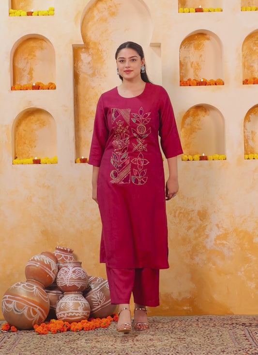 Embroidered Blended Silk Solid Straight Maroon Kurta