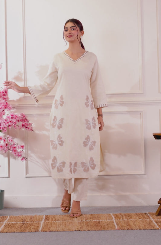 Embroidered Linen Cotton Straight Off White Kurta