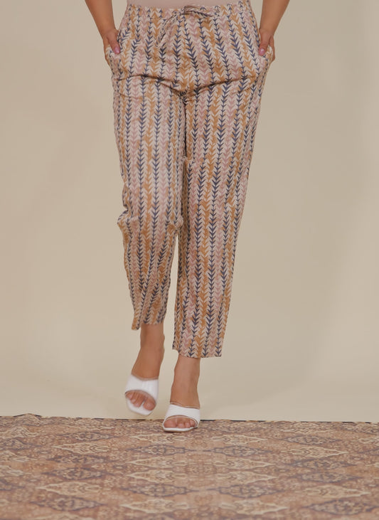 Soft Cotton Striped Beige Tapered Trousers