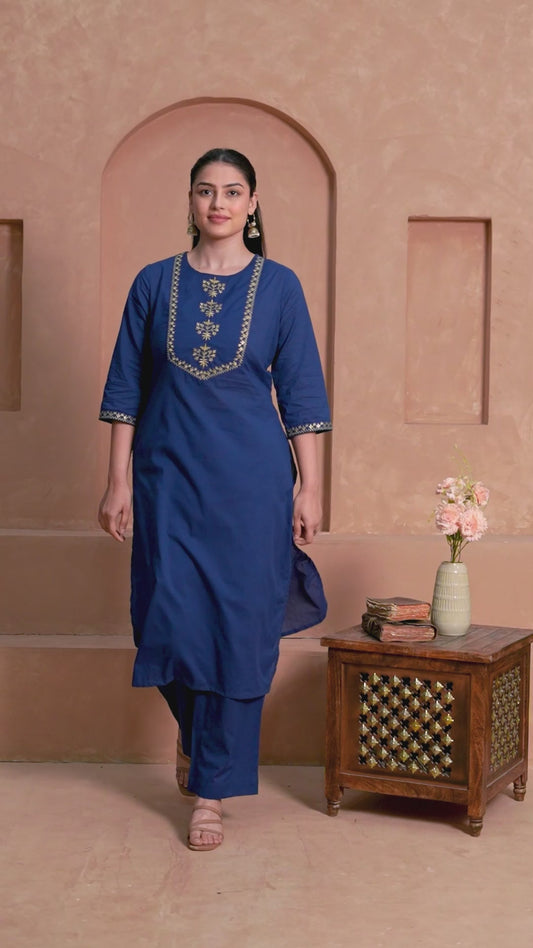 Embroidered Soft Cotton Solid Straight Navy Blue Kurta