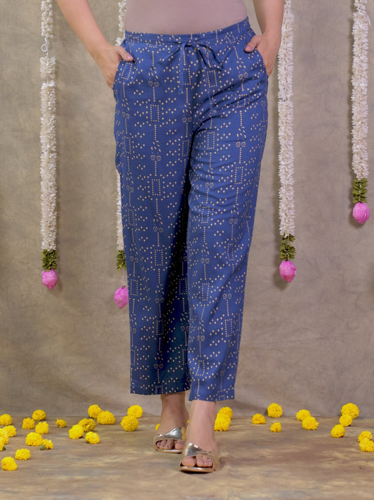 Viscose Gold foil Blue Straight Trousers