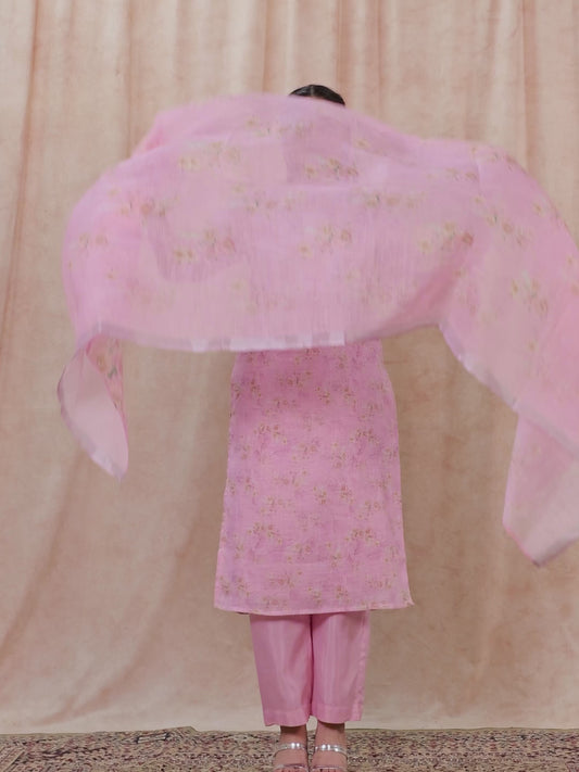 Chanderi Floral Straight Baby Pink Kurta