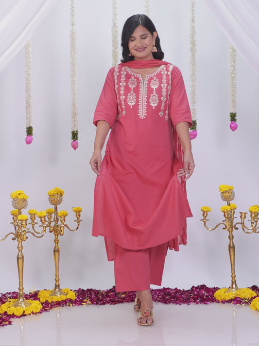 Embroidered Soft Cotton Solid A-line Coral Kurta