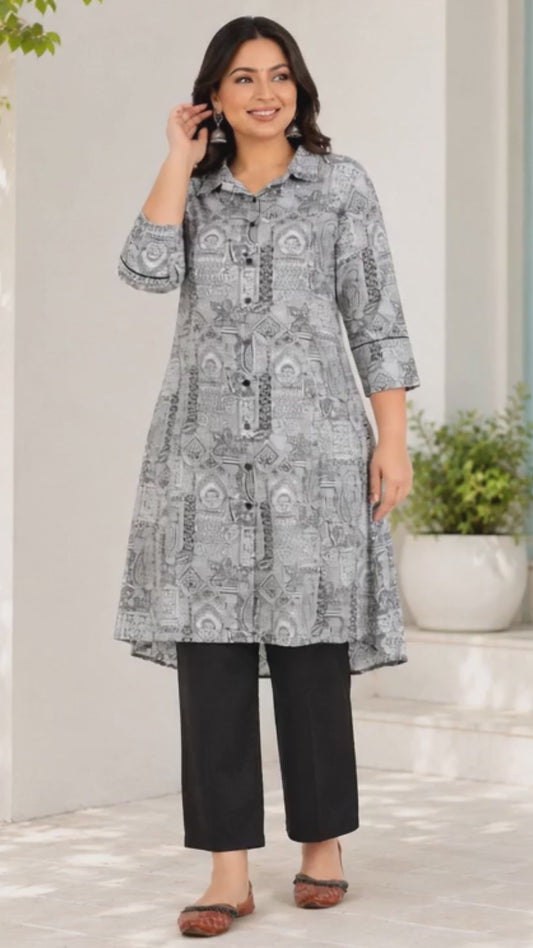 Soft Cotton Patchwork High Low Blue Kurta