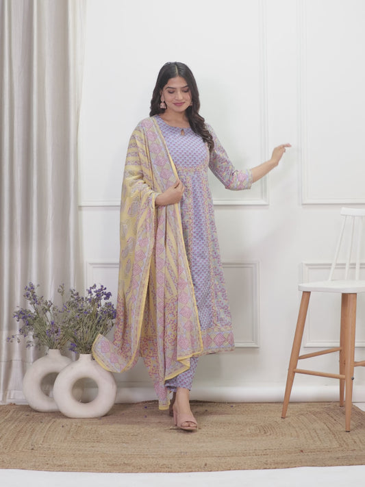 Soft Cotton Geometric Anarkali Violet Kurta