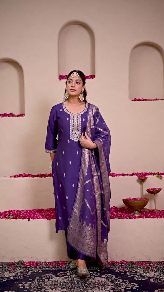 Embroidered Chanderi Solid Straight Purple Kurta