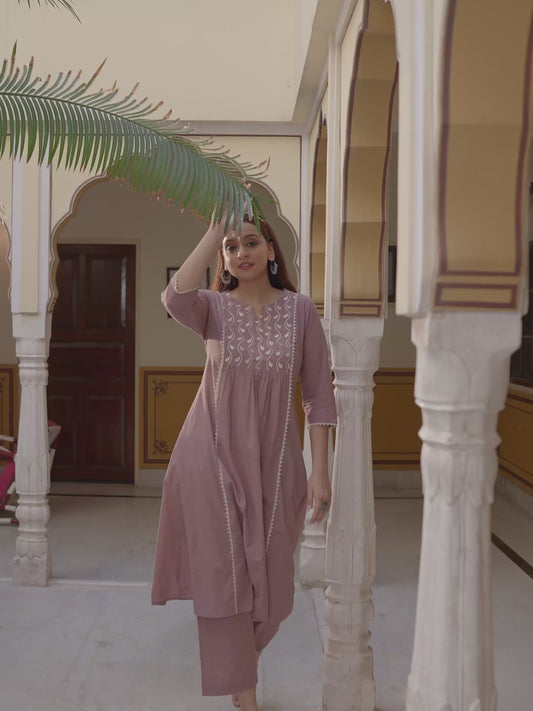 Embroidered Soft Cotton Solid Flared Burnt Pink Kurta