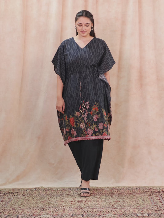 Soft Cotton Placement Print Kaftan Black Kurta
