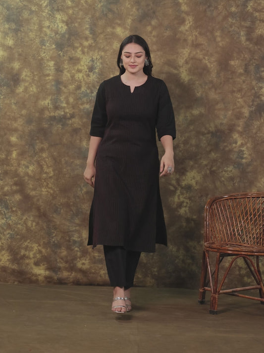 Linen Cotton Solid Straight Black Kurta
