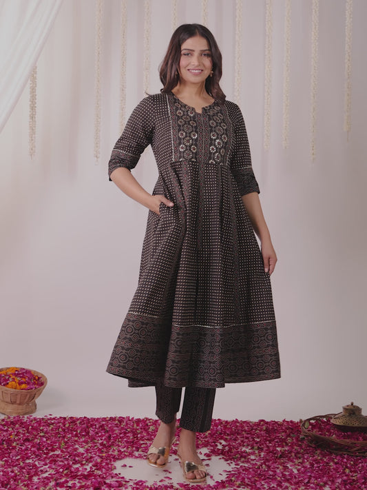 Embroidered Soft Cotton Polka Anarkali Black Kurta