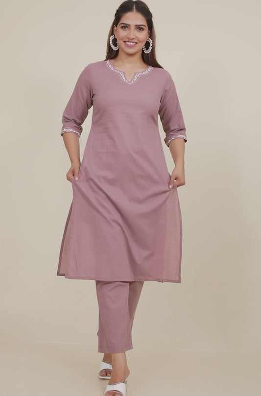 Embroidered Soft Cotton Solid Straight Purple Kurta