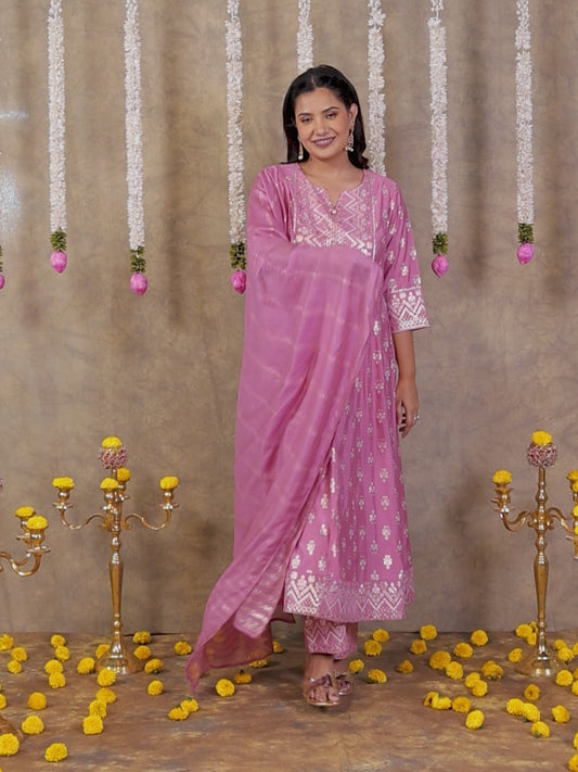 Chanderi Gold foil Anarkali Pink Kurta
