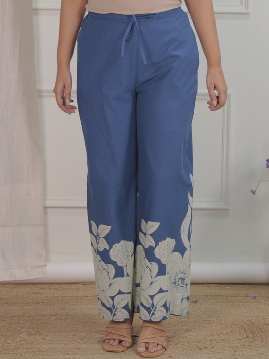 Soft Cotton Placement Print Blue Palazzo
