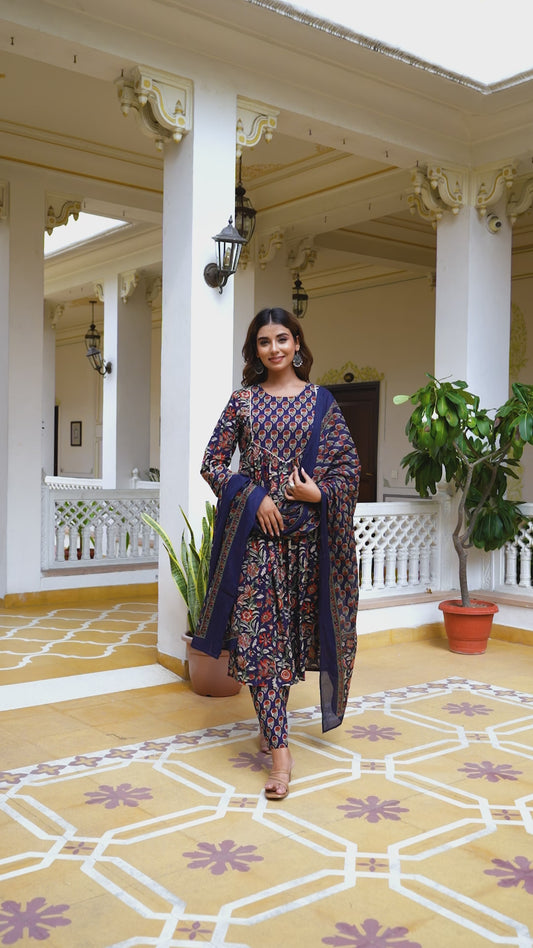 Soft Cotton Floral A-line Navy Blue Kurta
